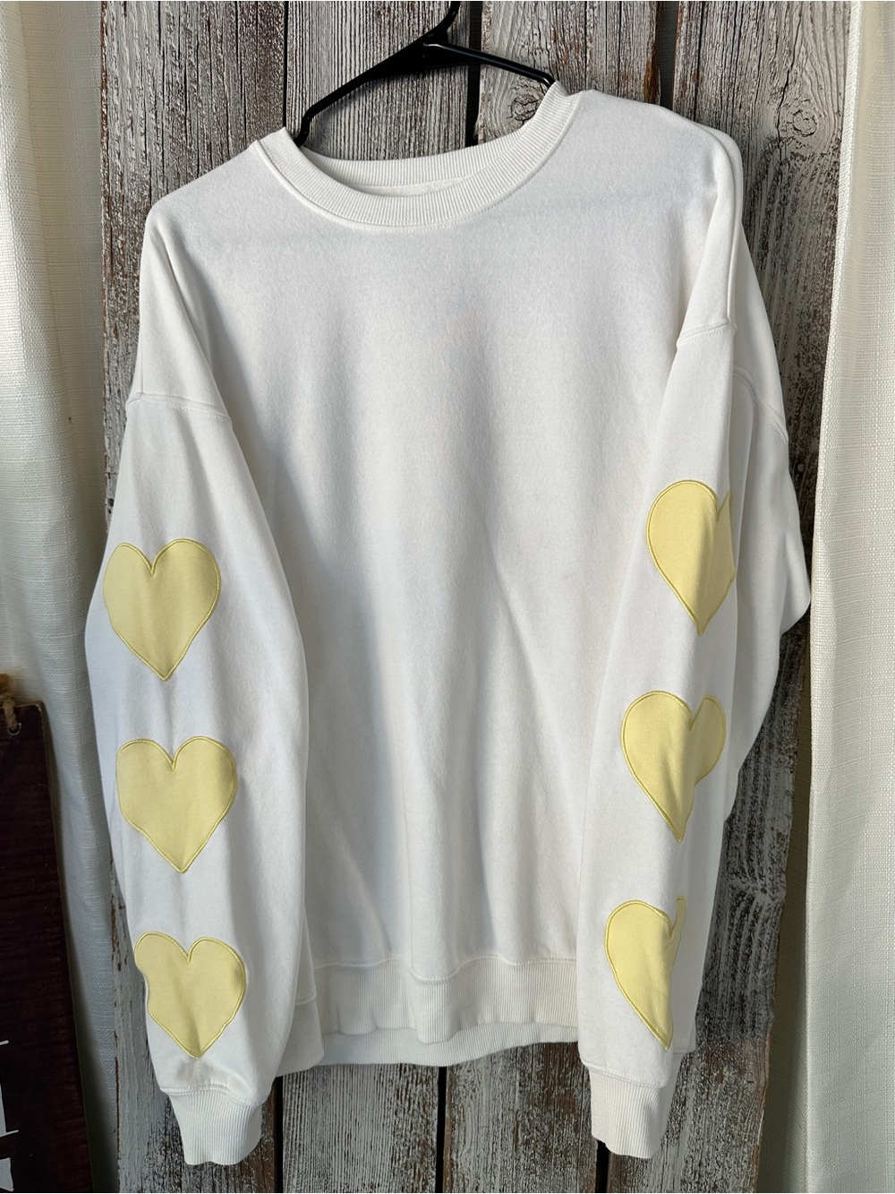 White Sweatshirt with Yellow Heart Sleeves - Women